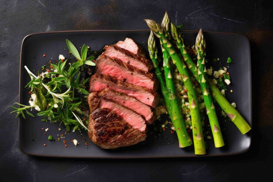 Mørbrad biff med asparges og saus av blåmuggost